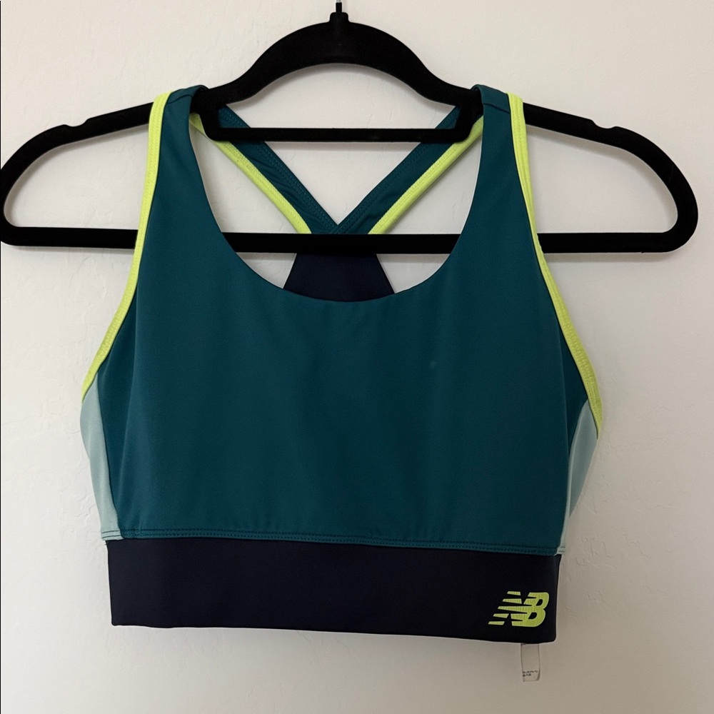 New Balance Women's Teal and Navy Sports Bra with Lime Accents Size M